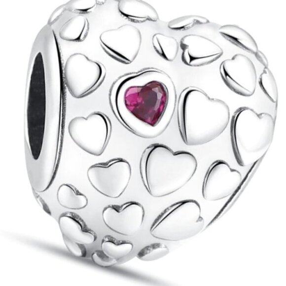 Sterling Silver Embossed Heart Charm with Cubic Zirconia Stone - Picture 2 of 4